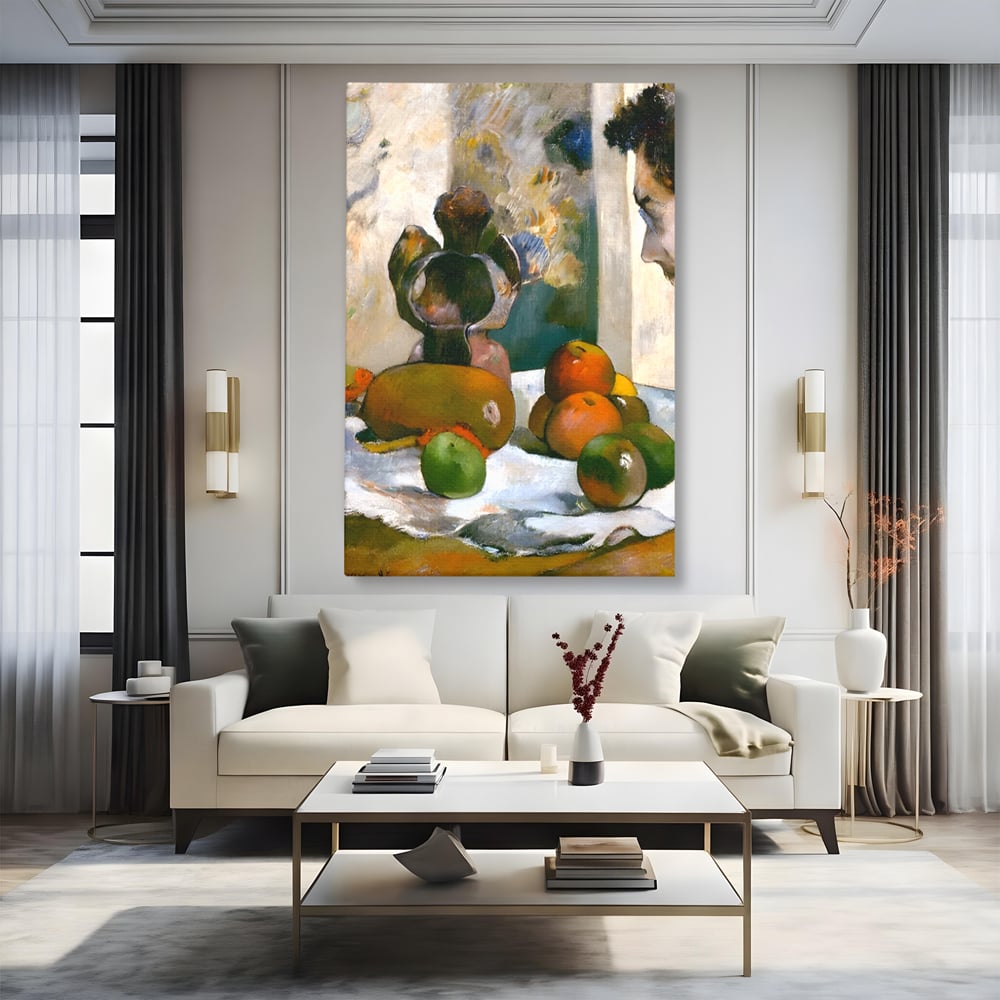 Tablou canvas cu pictura natura moarta cu fructe si vaza, fara rama, pe sasiu de lemn, pe perete intr-un living